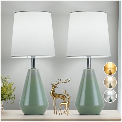 Small Bedside Table Lamp for Bedroom-Reading Desk Lamp Set of 2,with 3 Color Temperatures,15.5" Nightstand Ceramic Lamp with Fabric Shade for Kids Room,Living Room,Dorm,Home Office (Green+White )