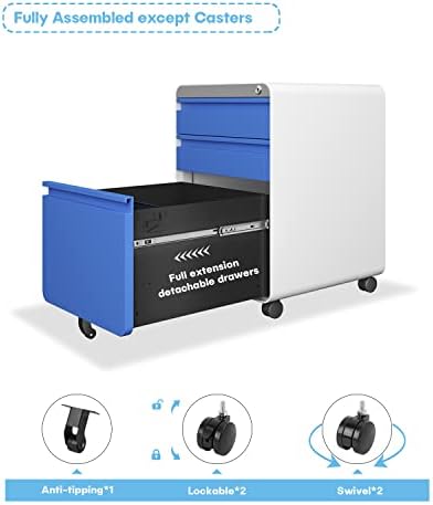 Dripex 3 Drawer Metal Rolling File Cabinet Under Desk Filing Cabinet Blue
