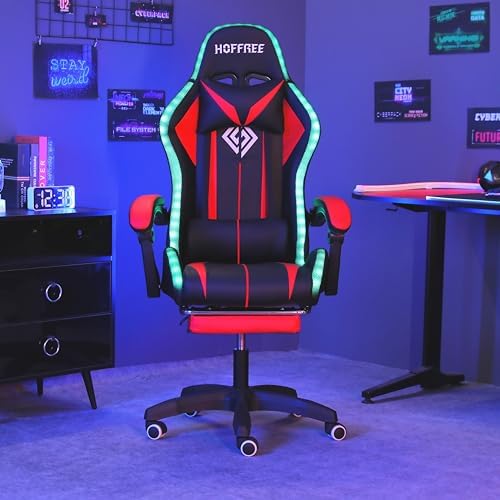 HOFFREE RGB Gaming Chair with Speakers Massage LED Lights Game Chair-Red