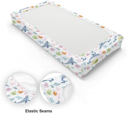 Colorful Sea Animals Whales Sea Turtle Starfish Seashells Baby Changing Pad Cover,Unisex Ocean Nursery Diaper Changing Table Pad Mat Sheet for Boys Girls-16x32