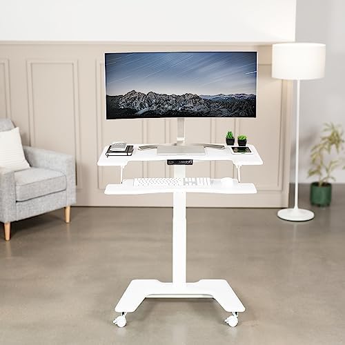 VIVO White Electric 36 in Dual Platform Standing Desk Cart, DESK-V111VTW