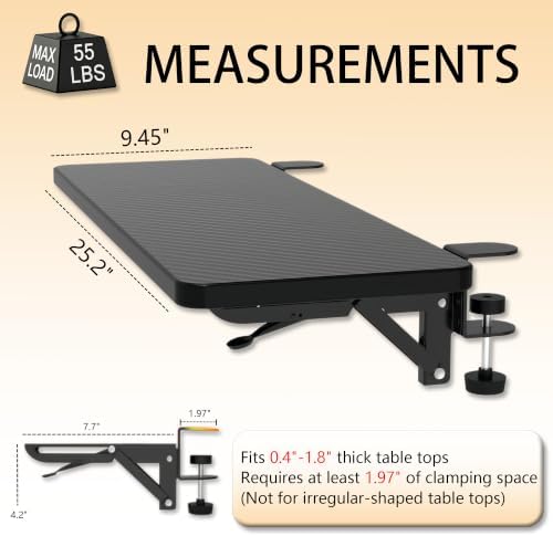 Foldable Desk Extender 25" x 9.45" Ergonomic Computer Table Clamp On Extension Arm Support Keyboard Tray for Square Tabletop (Carbon Fiber Pattern)
