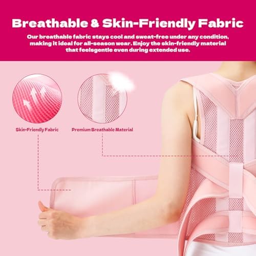 Back Brace Posture Corrector for Women & Men, Breathable, Pink, M