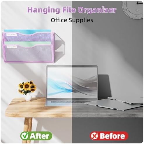 Marbrasse Wall File Holder 2-Tier Hanging Wall File Organizer, Mesh Mail Holder for Papers, Wall Mount File Clipboard & Magazine Organizer Great for Office Home (Purple)