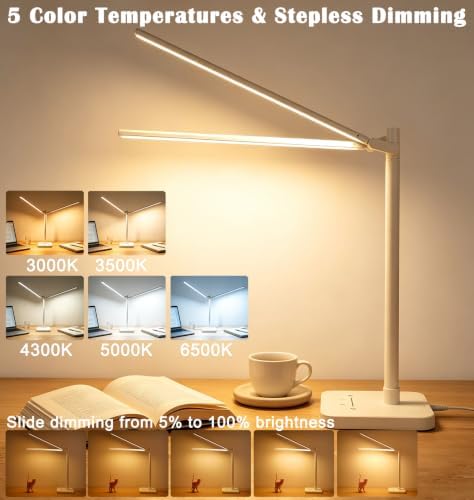 Desk Lamp for Office Home Dual Head 24W Swing Arm Reading Table Lamp White