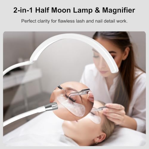 Half Moon Desk Lash Light with 4X Magnifier, 2-in-1 Dual Arm Gooseneck Clamp Lamp for Eyelash Extension, Shadow-Free Esthetician Light, Adjustable Color & Brightness for Tattoo, Sewing, Crafts