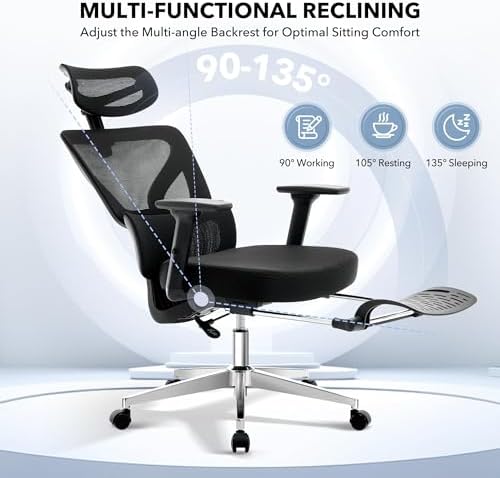 Ergonomic Mesh Office Chair with Footrest, 135° Reclining, Black