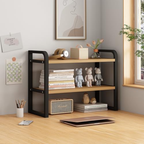 Office Desk Shelf Organizer, Wood Desktop Bookshelf Supplies Storage Rack, Shelf for Top of Desk and Dresser and Cubicle Decor Aesthetic Bookshelf