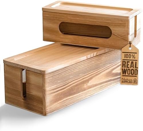 NATURE SUPPLIES Set of 2 Wooden Cable Management Boxes, Large and Medium Cord Organizer to Hide Wires and Power Strips for TV, Desk, Computer, Cable Storage and Organization, Dark Brown