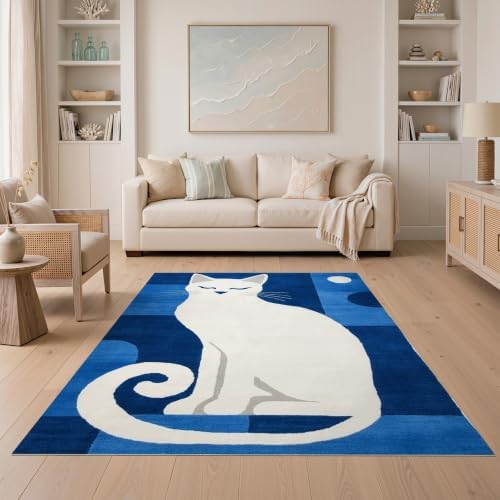 5'x7' Blue White Cat Sapphire Design Ultra-Soft Area Rug