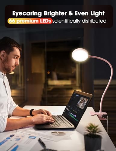 LiFMIRA Desk Lamp Clip on Light 8W 66 LED Reading Light for Bed Pink