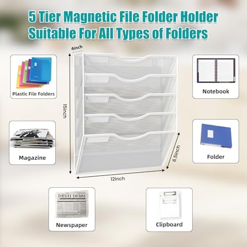 5-Tier Magnetic File Organizer, No Drilling Installation, White Magnetic Paper Holder, Magazine Rack for Refrigerator and File Cabinets