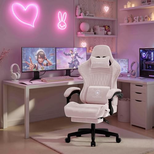 GTPLAYER ACE-PRO Music Gaming Chairs – Built-in Speakers, App Support & Bluetooth Control, Computer Game Chairs with Footrest for Adults, Ergonomic Reclining Silla, Linkage Armrest, Pink 【Velvet】