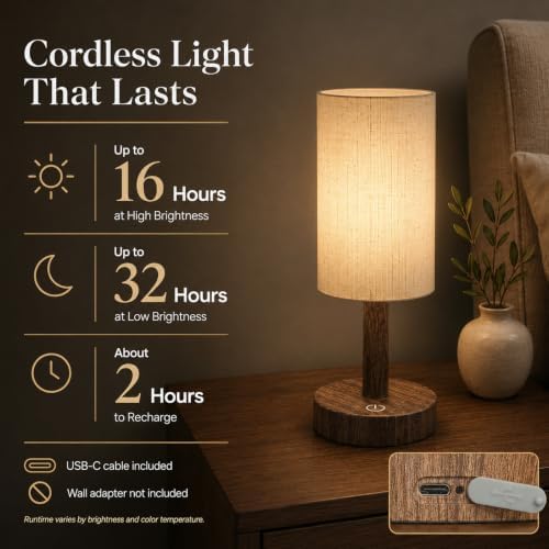 Small Rechargeable Cordless Table Lamp, Nightstand to Desk, Dark Walnut