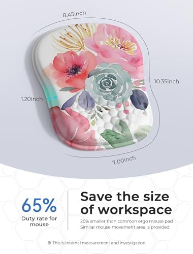Watercolor Floral Ergonomic Mouse Pad for Carpal Tunnel Pain Relief, 65% Usable Mouse Area, Memory Foam Concave Wrist Rest for Office, PC, Gaming