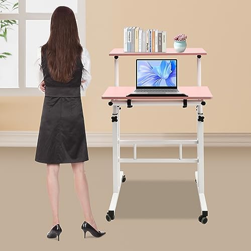 Mobile Stand up Desk, Portable Rolling Desk Laptop Cart, Height Adjustable Table, Small Adjustable Standing Desk with Wheels Home Office Workstation, for Computer Desk, Study Desk (Pink)