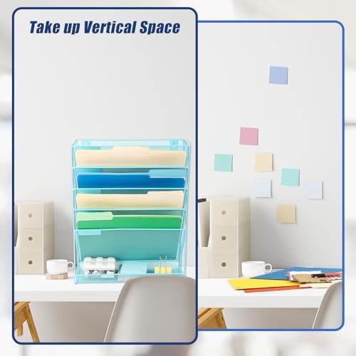 EASEPRES Desk File Organizer Mesh 6-Tier, Hanging Wall Mount Document Organization Stand, Desktop Vertical Mail Paper Folder Holder Rack with Bottom Tray for Office Home Cubicle Countertop, Blue