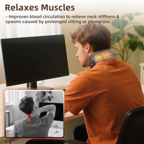 Electric Neck Heating Pad Cordless with Massage, Heated Neck Wrap with 660nm 850nm Red Light, 3 Heat Levels 3 Vibration Modes, Portable Neck Massager for Pain Relief, 3000mAh Rechargeable
