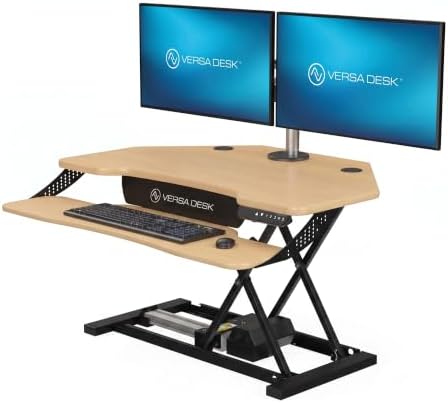 VERSADESK PowerPro Elite Smart Corner Standing Desk Converter, Electric Adjustable Desk Riser w/ Keyboard Tray, USB C Ports & App Control, Dual Monitor Stand for Home Office & Gaming, (Maple, 36")