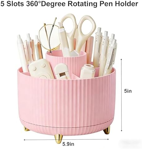 Pencil Pen Holder 5 Slots 360°Degree Rotating Pen Organizers for Desk Desktop Storage Stationery Supplies Cute Pencil Cup Pot Kids Desk Organizer for Office Home School（Pink 2）