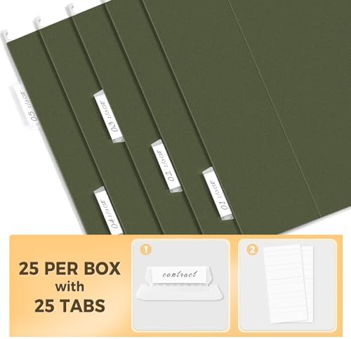 SUNEE Hanging File Folders, 25 Pack Reinforced Hang Folders Letter Size, Adjustable 1/5-Cut Tabs, Designed for Bulky Files, Filing Cabinet, Standard Green