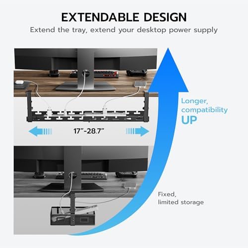 ARES WING 17"-28.7" Extendable Under Desk Cable Management Tray, No-Drill