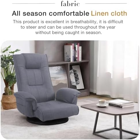 Ergonomic Swivel Floor Gaming Chair with Armrests & Side Pockets, 6-Position Reclining Sofa Bed, Foldable Padded Lounger with Thick Cushion & Lumbar Support for Esports, Reading, TV Watching, Grey
