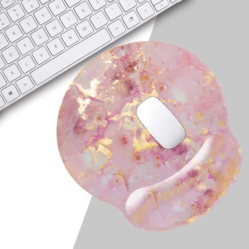 Pink Ergonomic Mouse Pad with Wrist Rest, Gaming Mouse Pad with Wrist Support,Gold Marble Mouse Pads for Desk for Women, Computer Mousepad with Non-Slip Rubber Base, Cute Office Desk Accessories