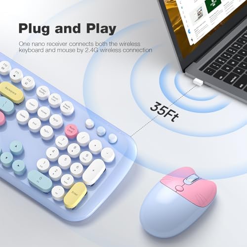Wireless Keyboard and Mouse Combo, 2.4G Retro Typewriter Keyboard with Number Pad and Cute Ambidextrous Wireless Mouse for Computer Laptop