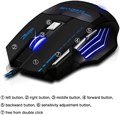zelotes Ergonomic Gaming Mouse with Rapid Fire Button, 7200 DPI(5-Level Adjustable), 7 Buttons,LED Lighting, USB Wired Optical Mouse for Office/Gaming, Compatible with Laptop/PC (Black)