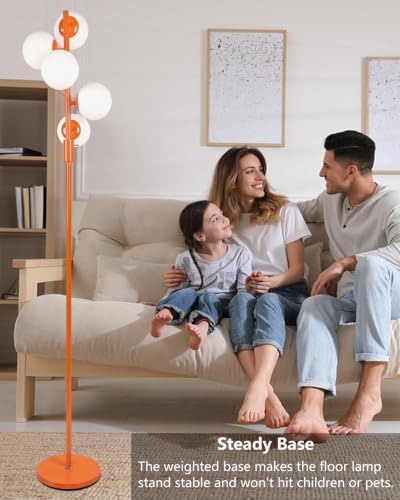 64IN Dimmable Orange Floor Lamp, Tall Standing Lamps with 5 Globe Soft Warm White Eye Care 3000K G9 Bulbs, Mid Century Modern Floor Lamp with 5Lbs Heavy Base for Living Room Bedroom Office