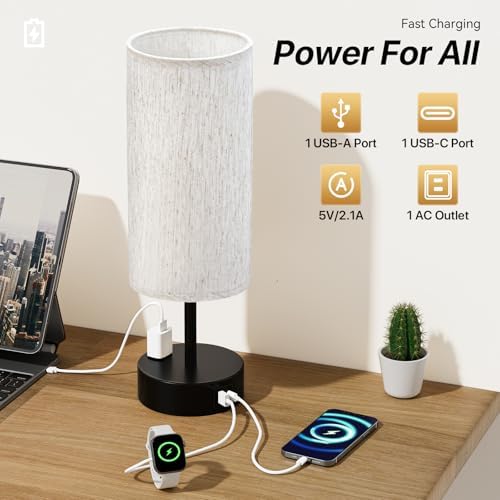 KPQ Bedside Lamp Touch Control Table Lamp with USB A+C Charging Ports & AC Outlet 3-Way Dimmable Nightstand Lamp with Linen Fabric Shade (Beige Shade-Black Base, 14" Small Size Touch Control)