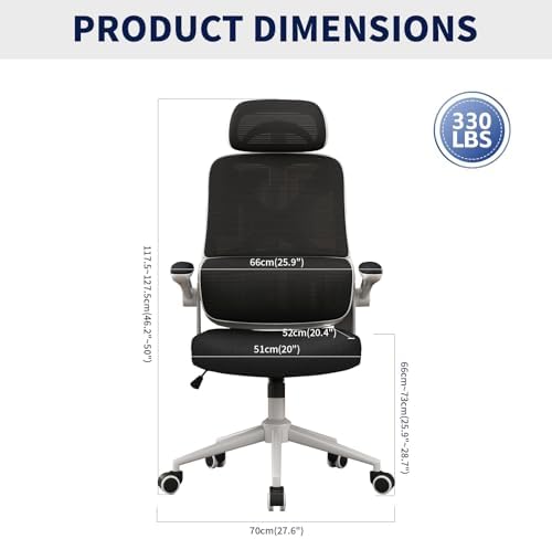 Ergonomic Office Chair - Desk Chair with Adjustable Headrest Lumbar Support Computer Chair - Mesh Comfy Chair with Flip-up Armrests - Gaming Chairs for Adults Home Office 330 LBS (White+Black)