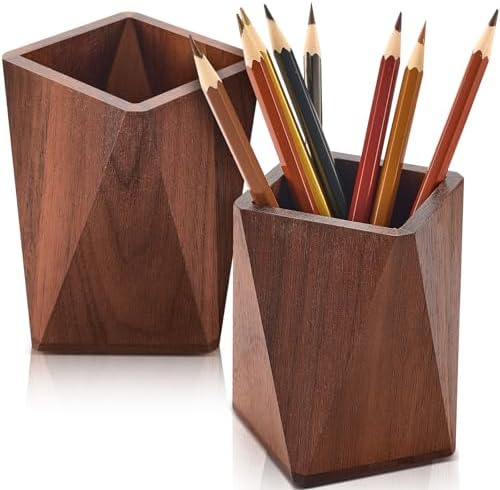 Henoyso 2 Pcs Wood Pen Holder for Desk Wooden Pencil Cups, Black Walnut