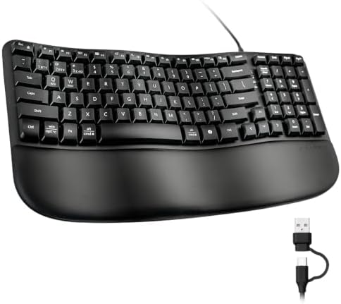 SANWA Wired Ergonomic Keyboard, Curved Wave Keyboard with Cushioned Wrist Rest, Compact Full-Size Layout, USB-A & C Port, 13 Shortcuts Keys, Natural Typing, Compatible with Win/Mac, Laptop, PC, Black