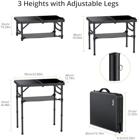 Anbte 2ft Folding Camping Table, 3 Adjustable Heights Small Folding Table