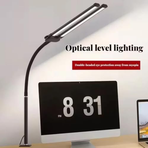 LED Desk Lamp for Home Office Eye-Caring Monitor Tablelamp with Clamp Color Changing Dimmable with Flexible Gooseneck Doublehead,Black