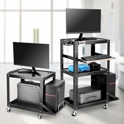 DNA Motoring Steel AV Cart 3-Layer Rolling Projector Utility Cart, 24" X 18" X 24.6"- 42.5" Height Adjustable, with Wheels, Pullout Keyboard Tray, Power Strip, Cord Management, TOOLS-00497