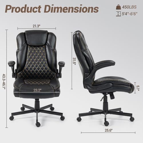 450LBS Ergonomic Office Chair with Flip Up Arms, Heavy Duty PU Leather Big and Tall Desk Chair, High Back Swivel PC Chair for Home Office, Gaming, Black