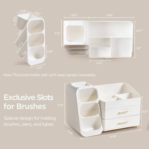 HBlife Desk Organizer with Pen Pencil Holder for Desk, Pen Organizer with 2 Drawers, Desk Organizers and Accessories with 4 Compartments, Desktop Storage for Office Home School Art Supplies, All White
