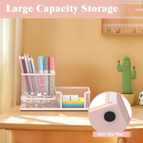 SUPEASY Mesh Pen Holder Desk Organizer, Office Supplies Pencil Storage with 3 Compartments, Office Desk Accessories and Workspace Organizers for Home School Classroom, Pink