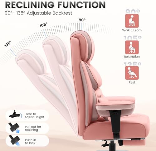 BestGlory Office Desk Chair, Big and Tall Leather Gaming Chair with Footrest, Ergonomic Comfy Executive High-Back Reclining Computer Chairs, Wide Swivel Rolling Wheels and Padded Lumbar Support, Pink