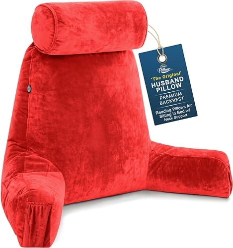 Husband Pillow Medium Reading Pillow with Arms - 23" Backrest for Sitting Up in Bed - Firm Support Bed Rest Pillow for Adults, Neck Roll, Removable Cover - TV, Reading, Lounging - Red