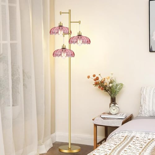 Vintage Floor Lamps for Living Room Bedroom-3 Light Glass Floor Lamp with Three Led Bulb, Tall Flower Floor Lamp Gold Mid Century Modern Standing Lamp Tree Floor Lamps for Living Room Bedroom Corner