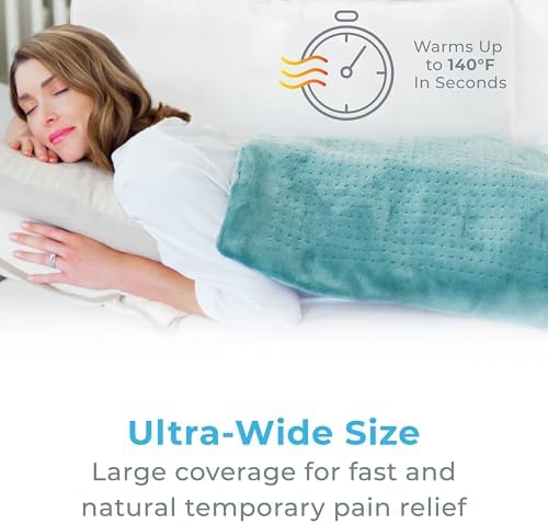 Pure Enrichment PureRelief Ultra-Wide Microplush Heating Pad - 20” x 24” XXL Size & 6 Heat Settings for Temporary Neck, Shoulder & Back Pain Relief - Moist Heat Option & Machine Washable (Sea Glass)