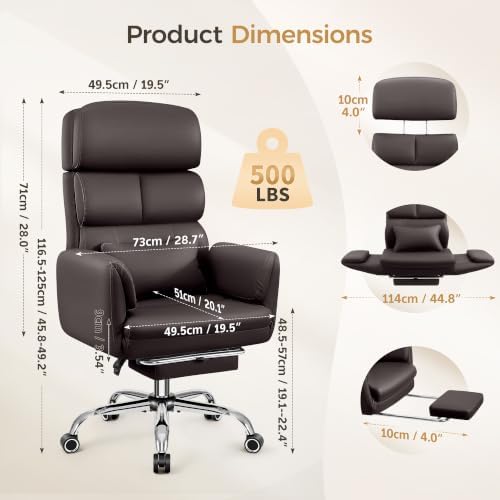 Big and Tall Office Chair 500LBS, Ergonomic High Back Leather Executive Chair, Reclining Swivel with Adjustable Armrests Lumbar Support Footrest, Cross Legged, Coffee