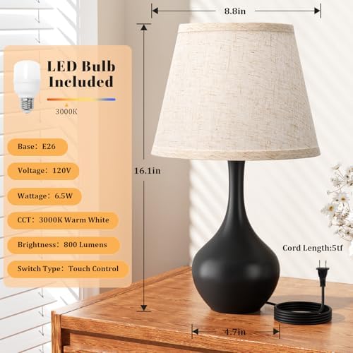 16.1" Touch Table Lamp for Nightstand, 3 Way Dimmable Small Bedroom Lamp