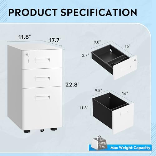 DEVAISE 3 Drawer File Cabinet on Wheels, Fully Assembled Except Casters