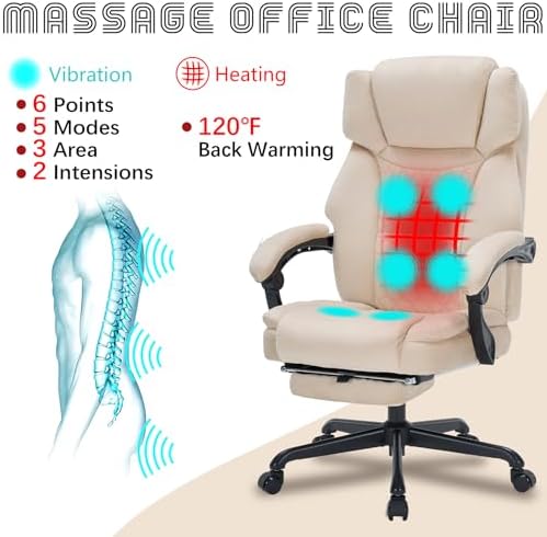 Massage Office Chair with Foot Rest 6 Points Vibration and Heat Home Office Desk Chairs for Heavy People 400lbs Reclining Managerial Chairs Ergonomic Executive Chair (Beige)