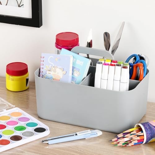 Multiuse Caddy Organizer with Handle, Portable Divided Plastic Tote Bin - Art Craft, Stationary Pen Marker Crayons, Makeup Hair Supplies Storage - Bathroom, Classroom, Dorm, Office, Desk Holder - Grey